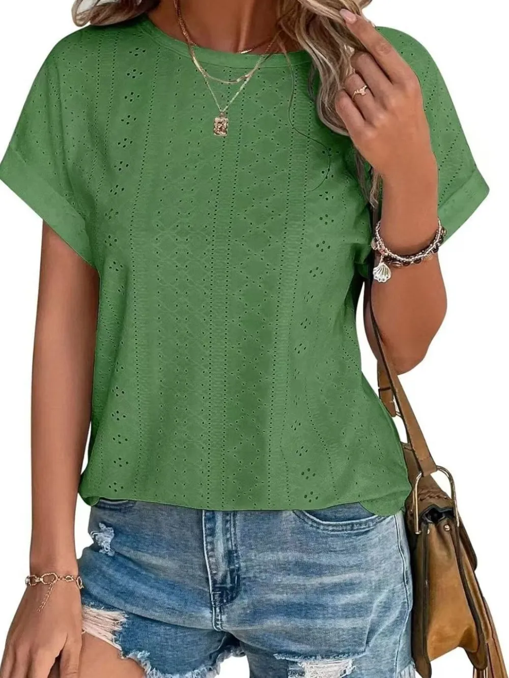 Eyelet Round Neck Short Sleeve Top, image 14