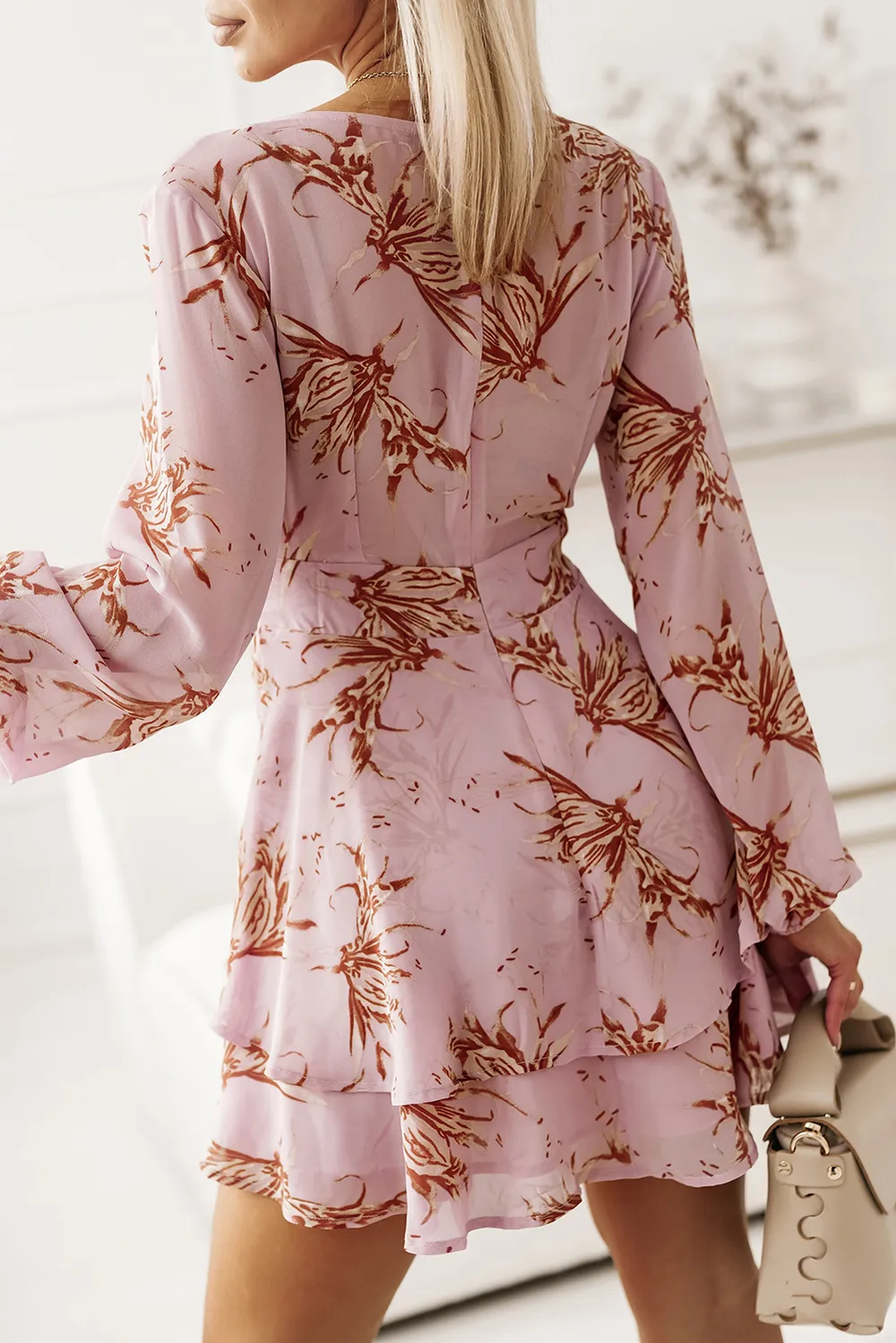 Printed Surplice Balloon Sleeve Mini Dress, image 6