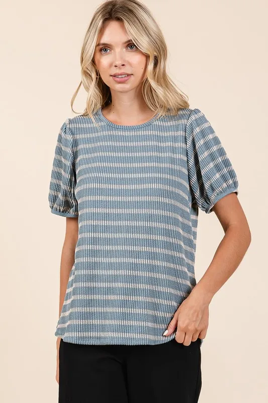 Contrast Striped Short Puff Sleeve Knit Top, image 3