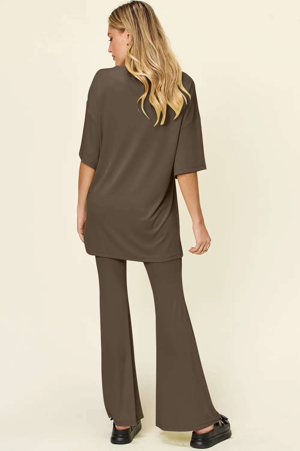 Full Size Round Neck Drop Shoulder T-Shirt and Flare Pants Set, image 9