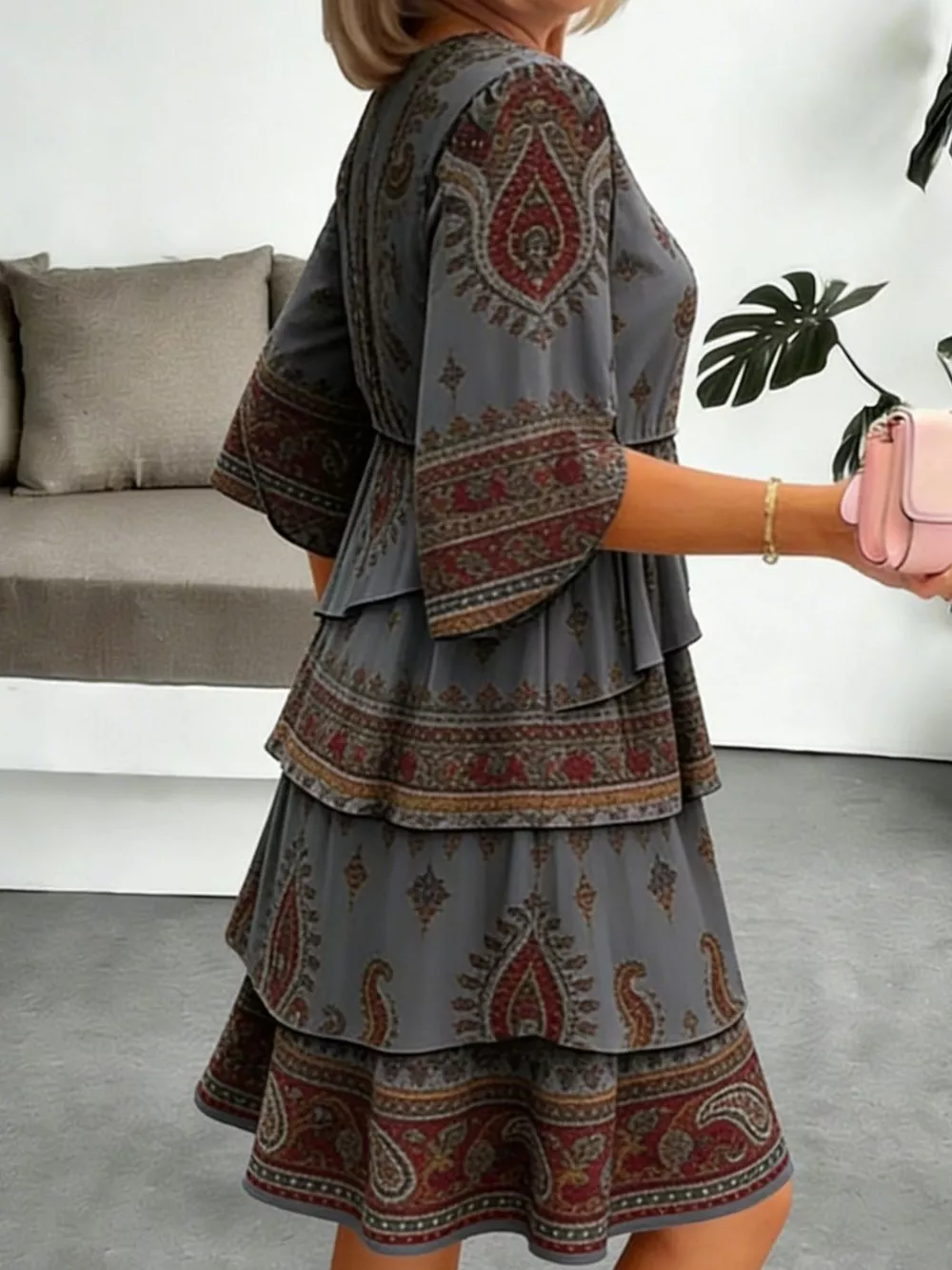 Full Size Paisley Print Layered Ruffle Mini Dress Plus Size, image 10