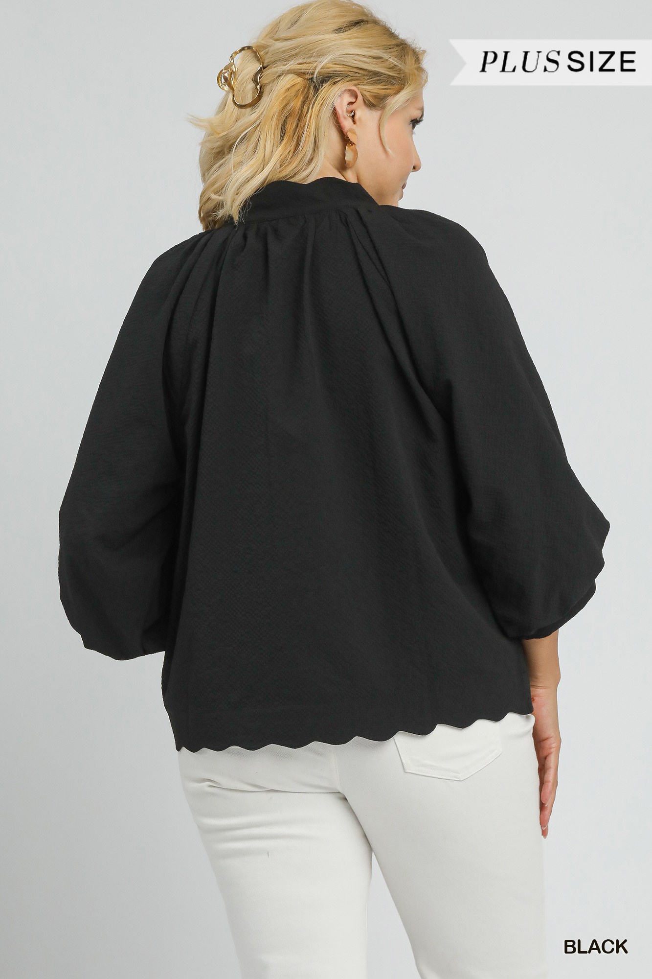 Full Size Textured Notched Balloon Sleeve Blouse Plus Size, image 3