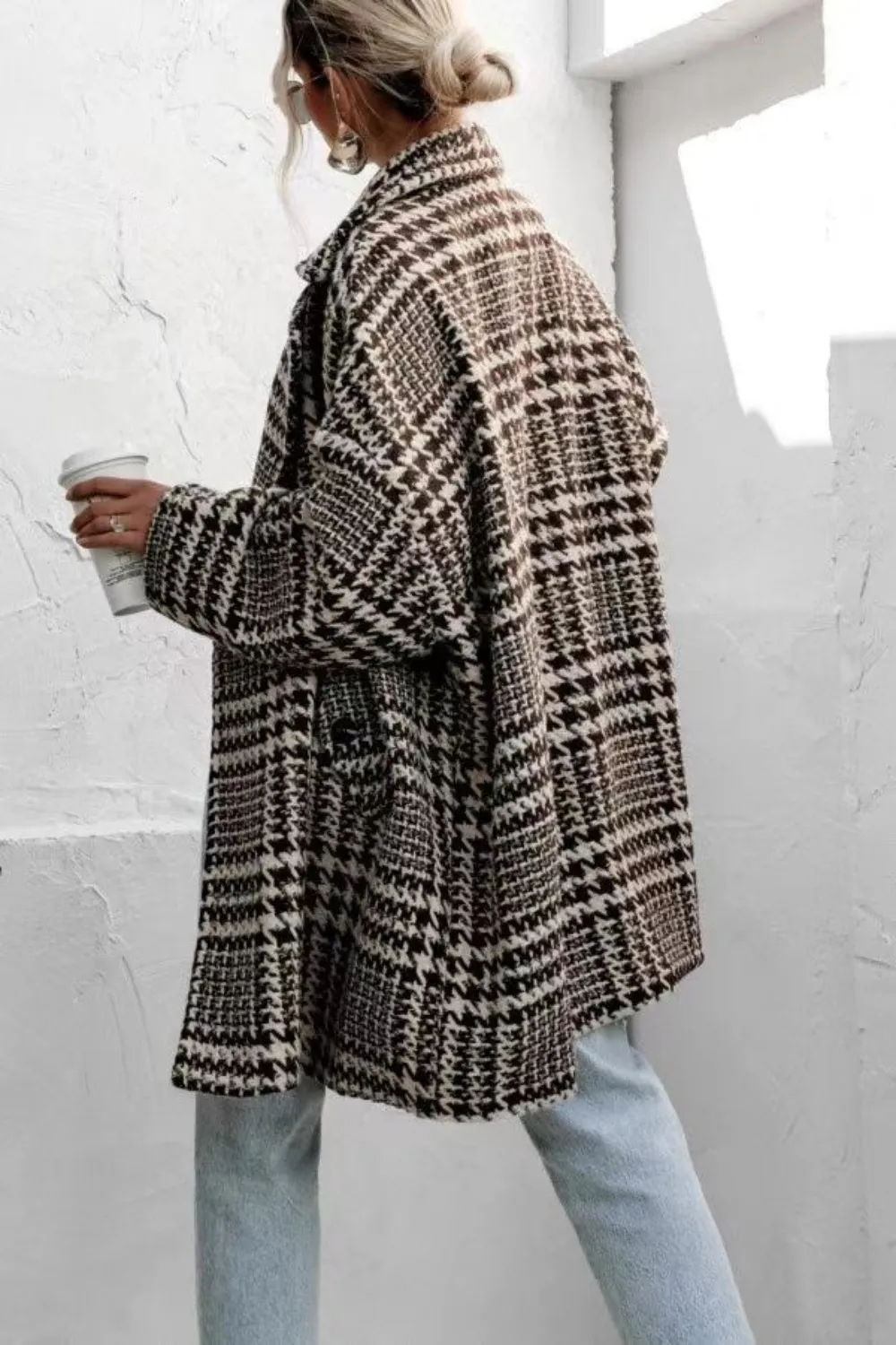 Houndstooth Collared Neck Long Sleeve Coat with Pockets, image 8