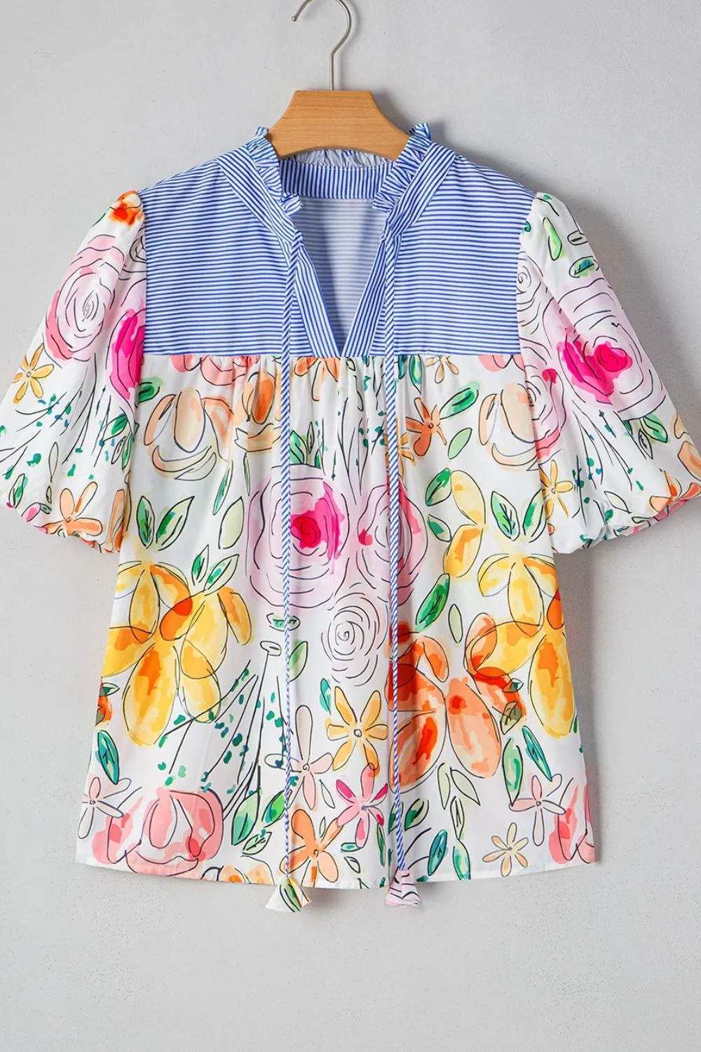 Floral Striped Yoke Frilled Tie Neck Puff Short Sleeve Blouse, image 3