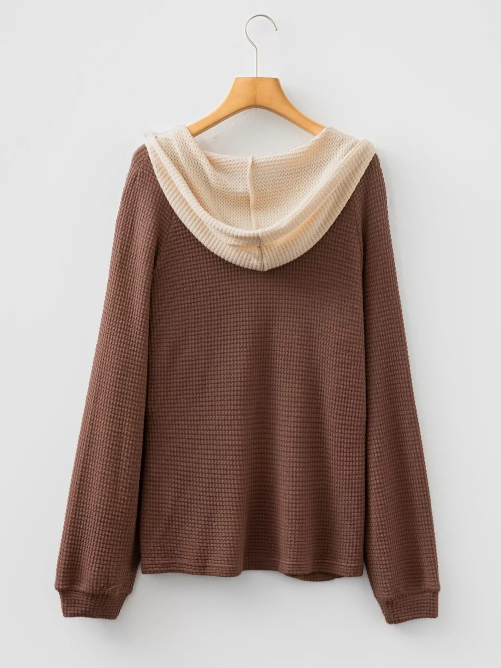 Waffle Contrast Half Buttoned Hooded Pullover Top, image 4