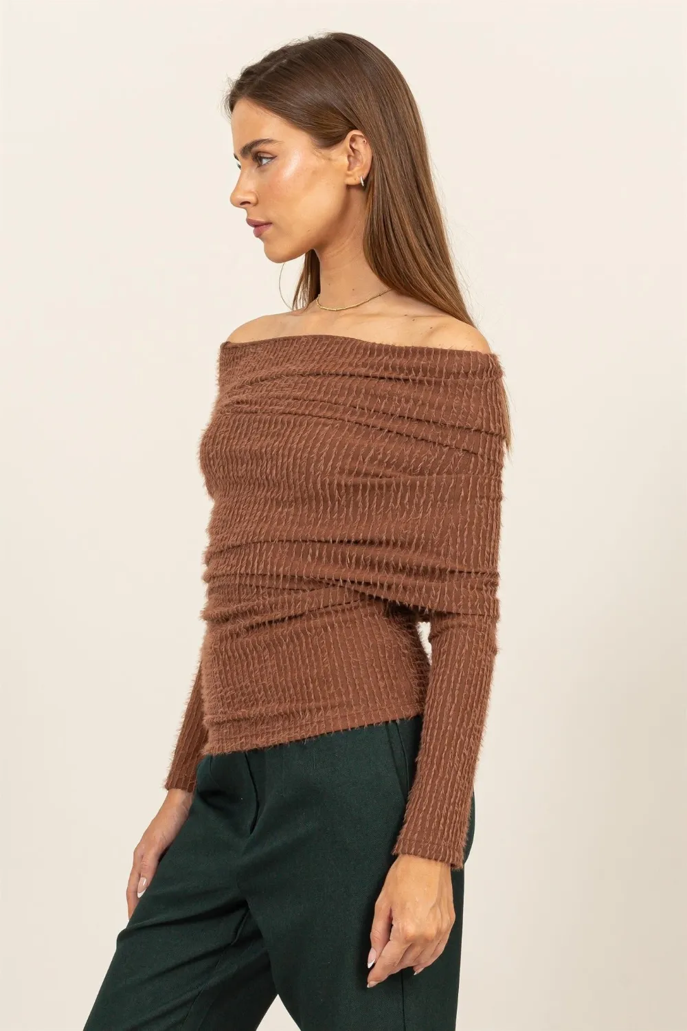 Fuzzy Off Shoulder Textured Knit Top, image 4