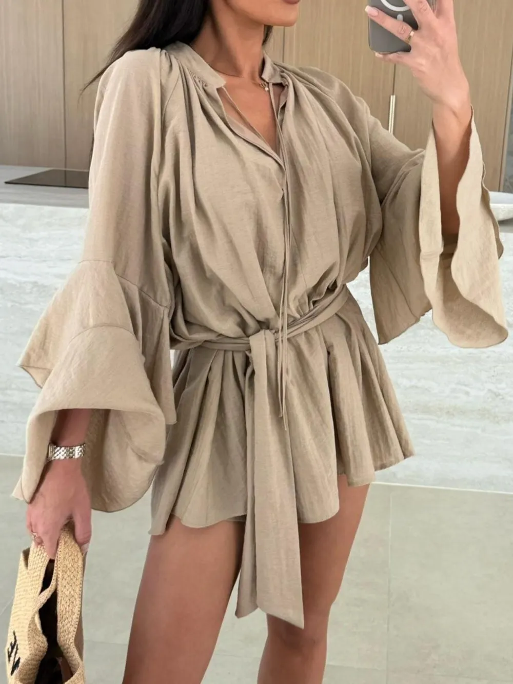 Bell Sleeve Tie Waist Mini Shirt Dress, image 11