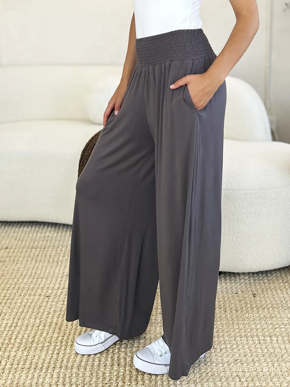Full Size Smocked Wide Waistband Wide Leg Pants, image 27