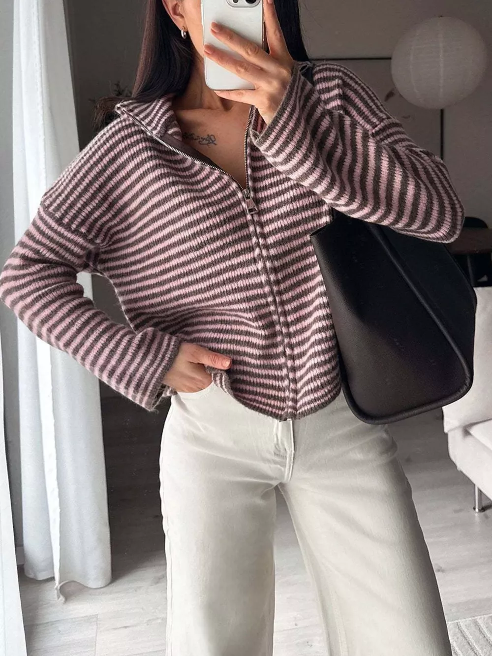 Striped Zip-Up Knit Cardigan, image 7