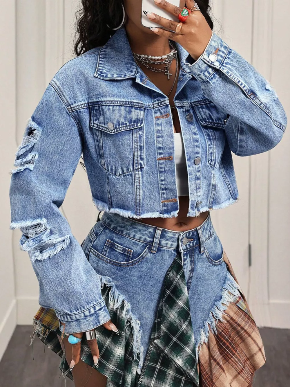 Distressed Cropped Denim Jacket, image 4
