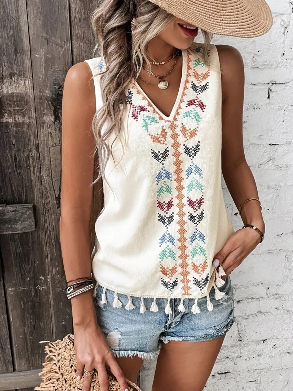 Tassel Printed V-Neck Tank, image 7