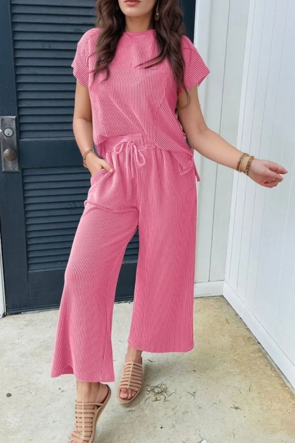 Corded Knit Short Sleeve T-Shirt and Wide Leg Pants Set, image 9
