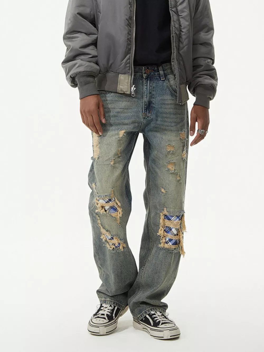 Men's Distressed Plaid Patch Wide Leg Jeans, image 4