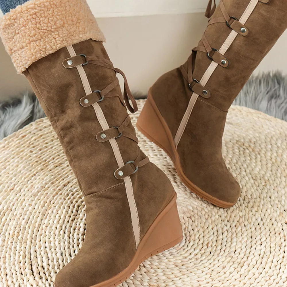 Faux Fur Lined Suede Wedge Boots with Lace-Up Detail, image 9