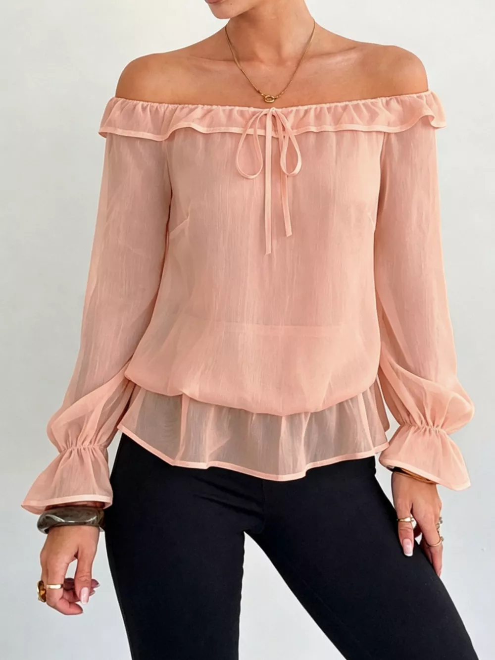 Off-Shoulder Flounce Sleeve Chiffon Blouse, image 14