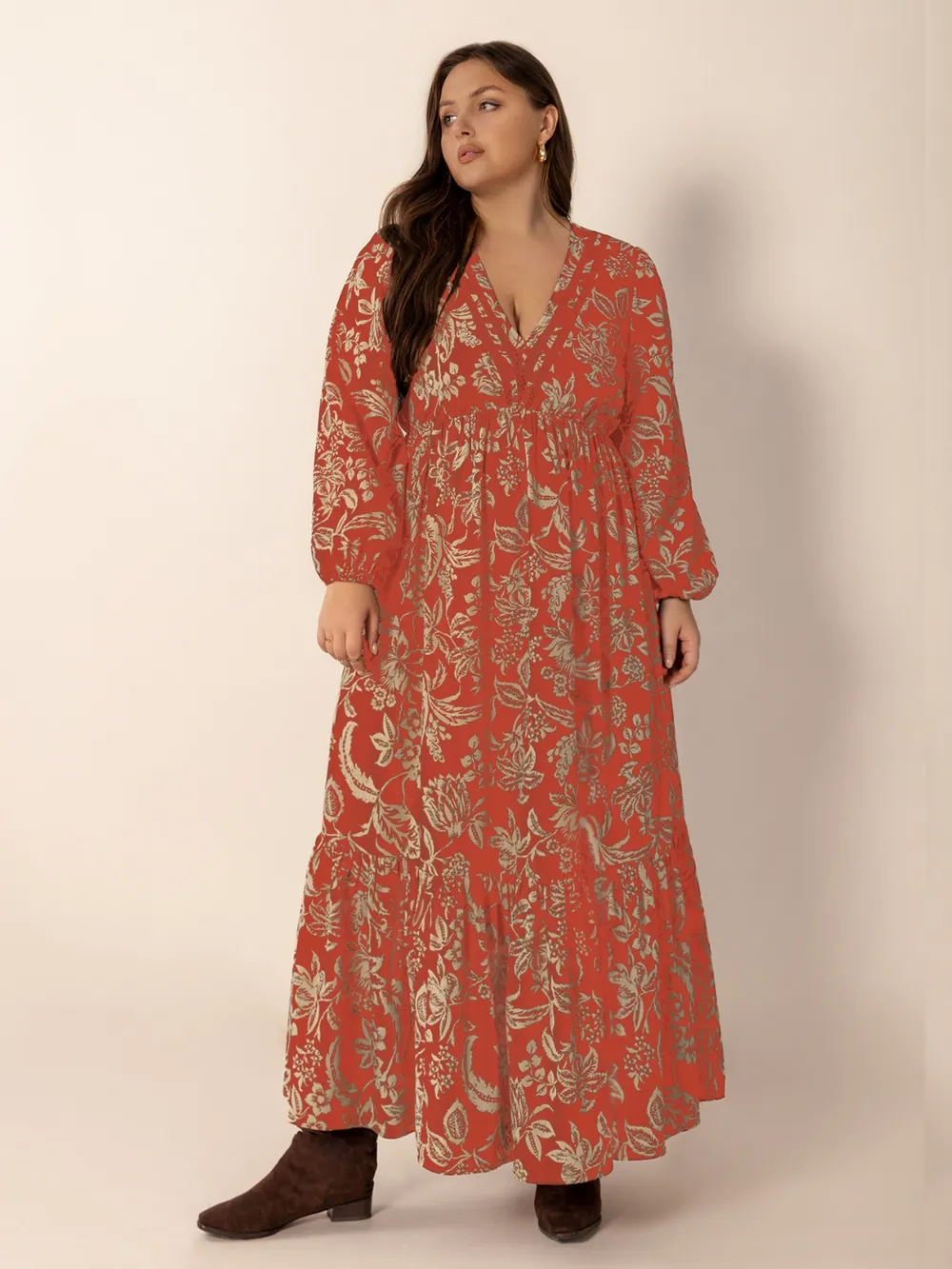 Plus Size Lace Detail Printed Balloon Sleeve Midi Dress, image 4