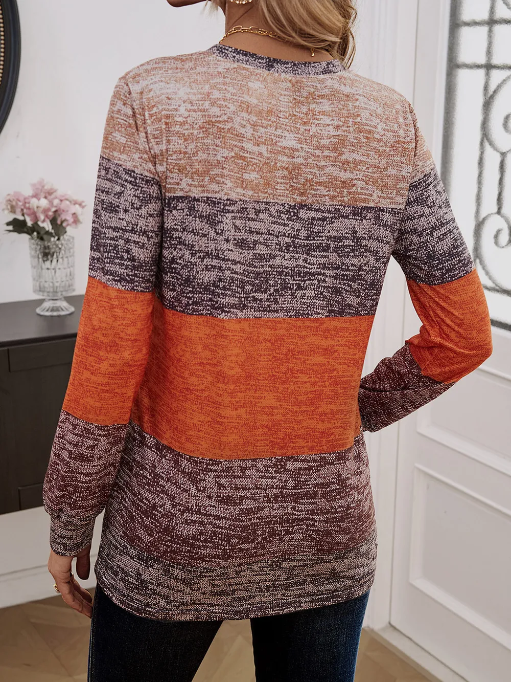 Decorative Button Contrast Round Neck Long Sleeve T-Shirt, image 3