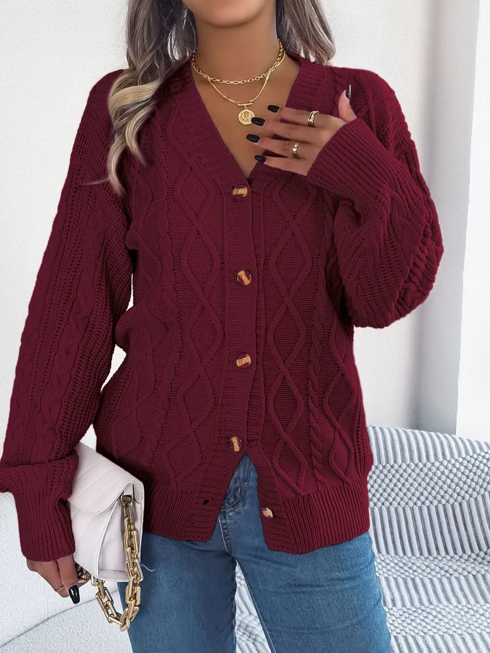 Cable-Knit Long Sleeve Cardigan, image 7