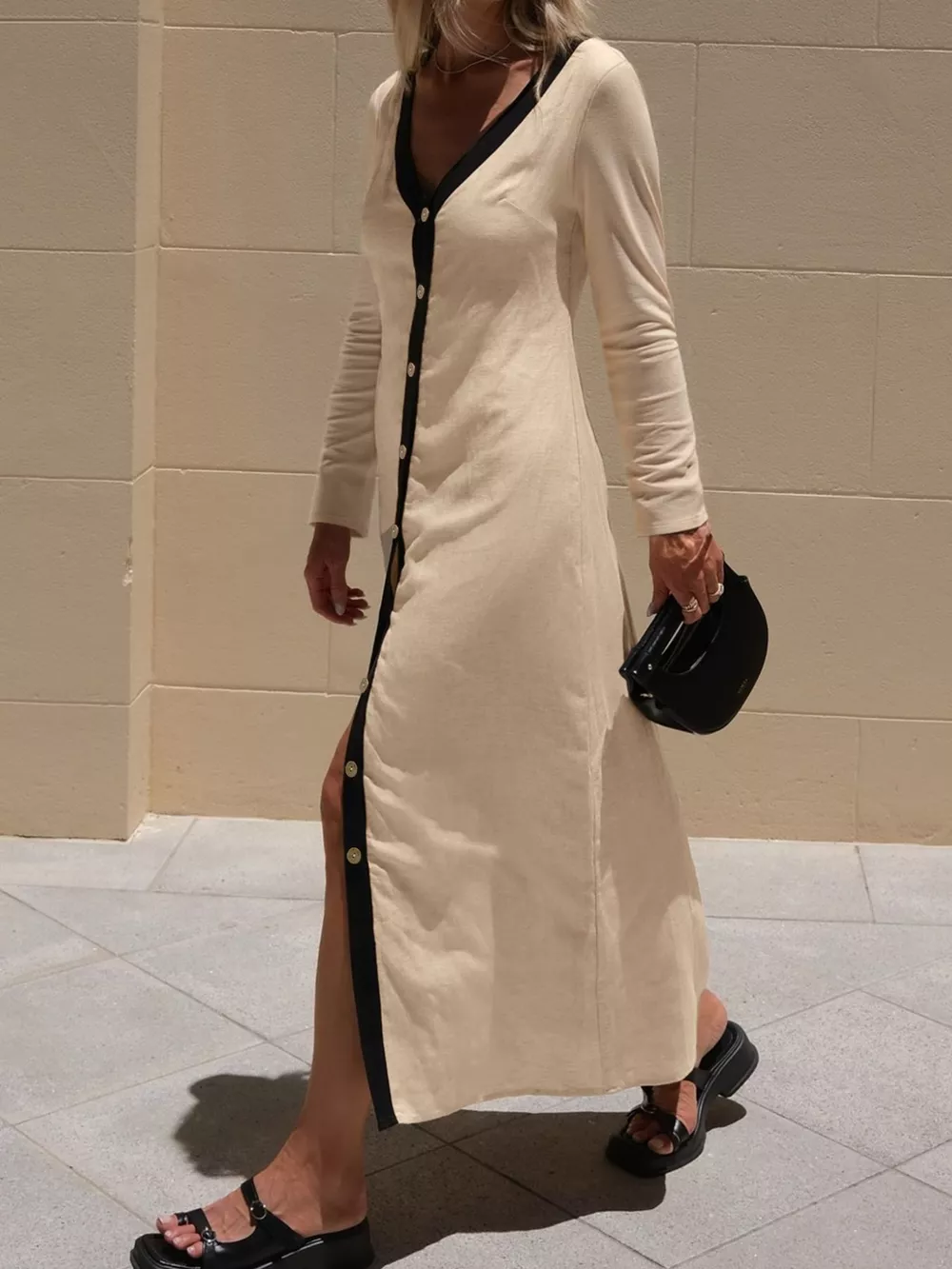Contrast Trim Button-Down Midi Dress, image 6