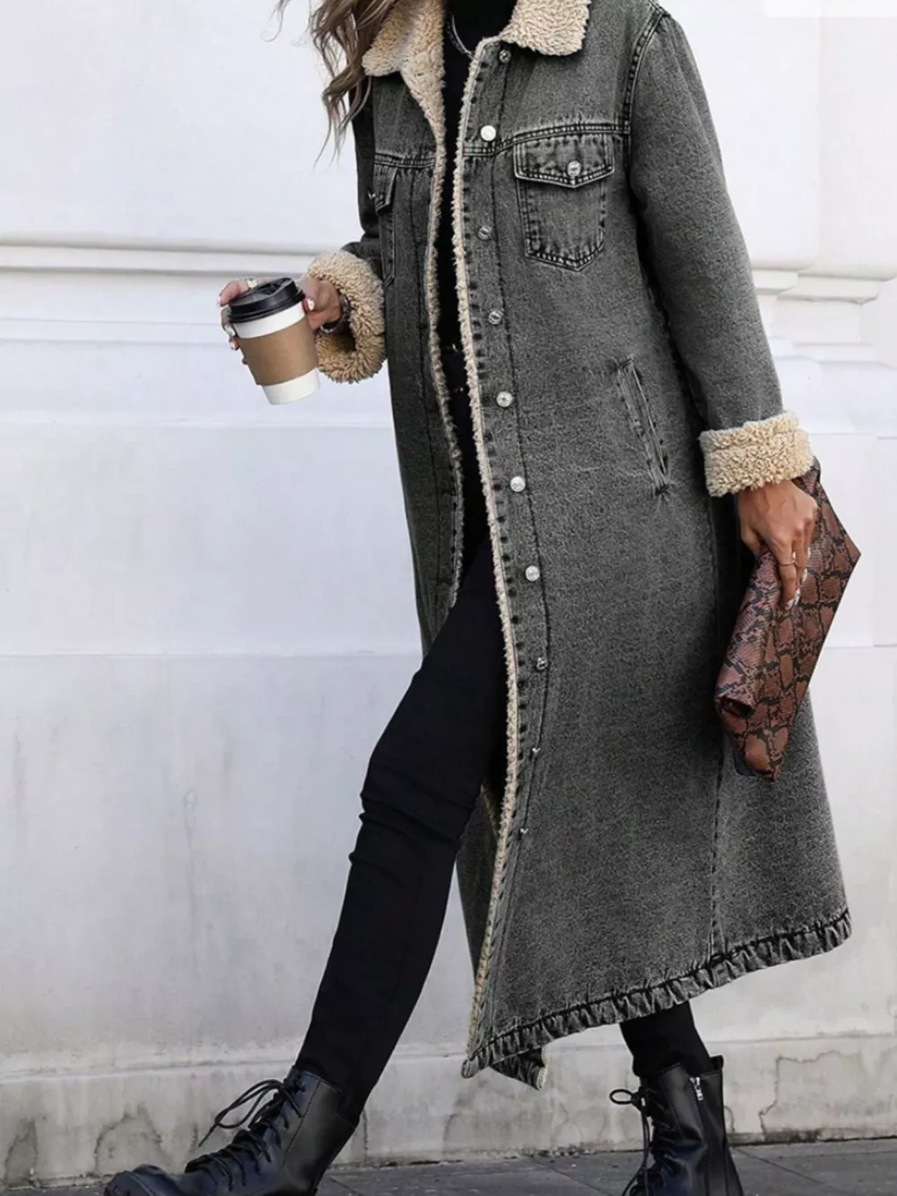 Sherpa Lined Longline Denim Jacket, image 14