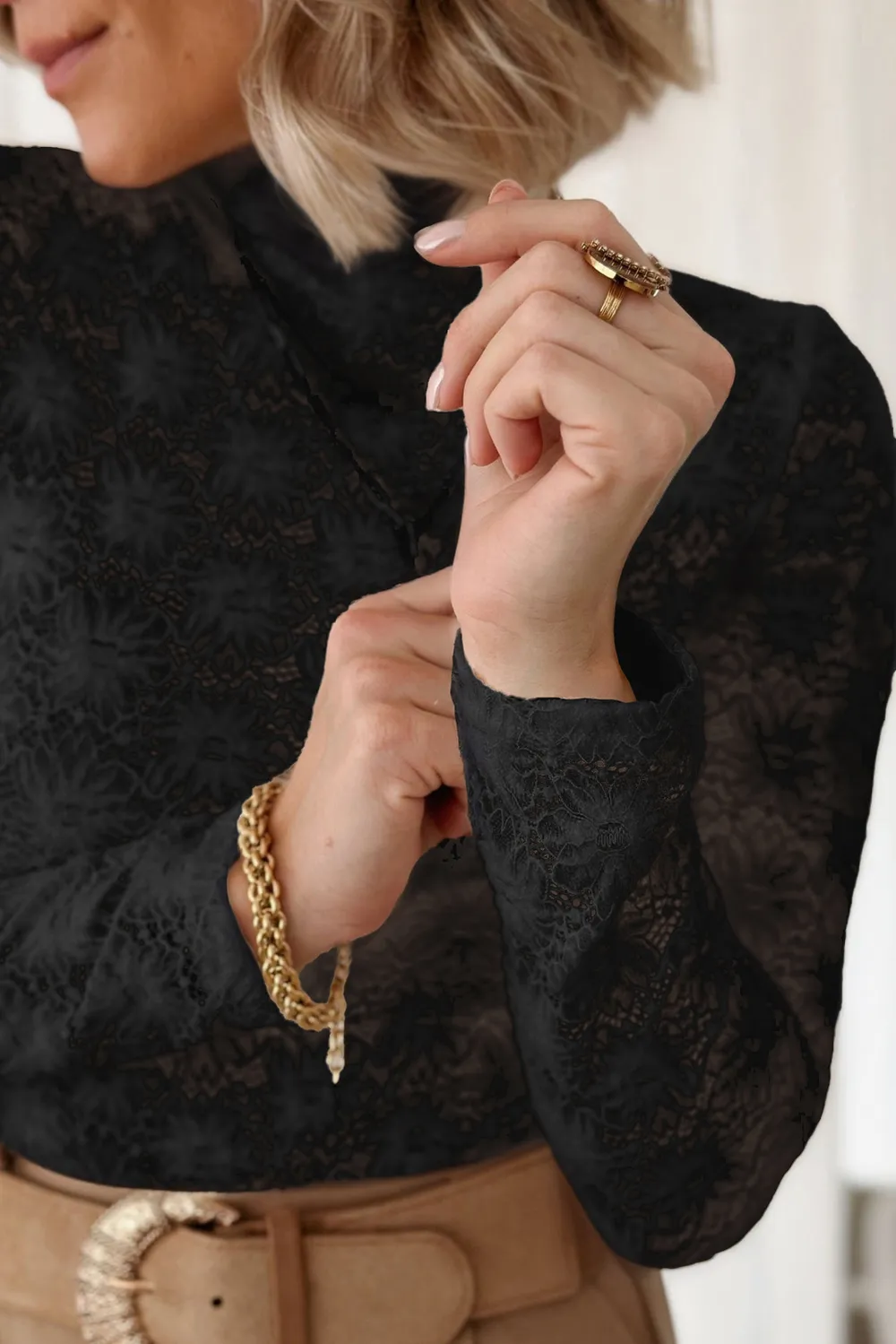 Lace Mock Neck Long Sleeve Blouse, image 4