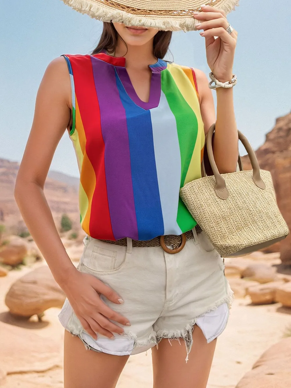 Color Block Notched Sleeveless Top, image 4