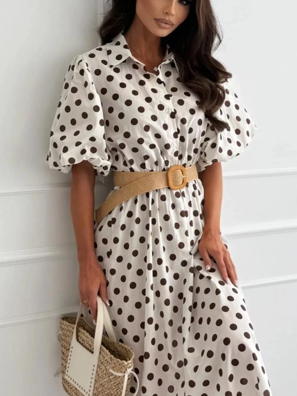 Polka Dot Puff Sleeve Midi Dress, image 5