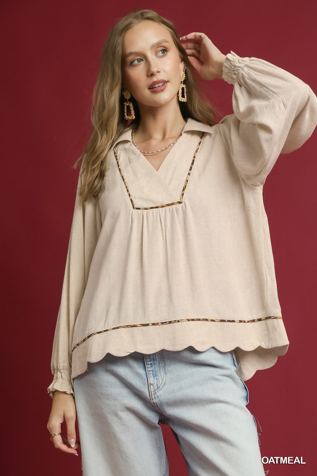 Full Size Linen Scallop Hem Blouse with Contrast Trim Plus Size