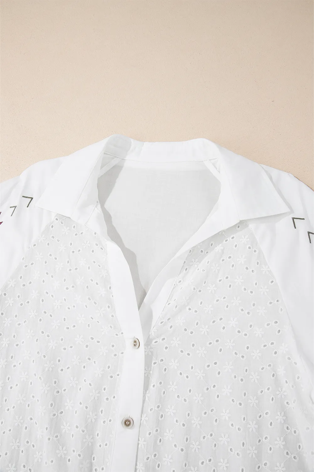 Embroidered Eyelet Collared Neck Long Sleeve Shirt, image 7