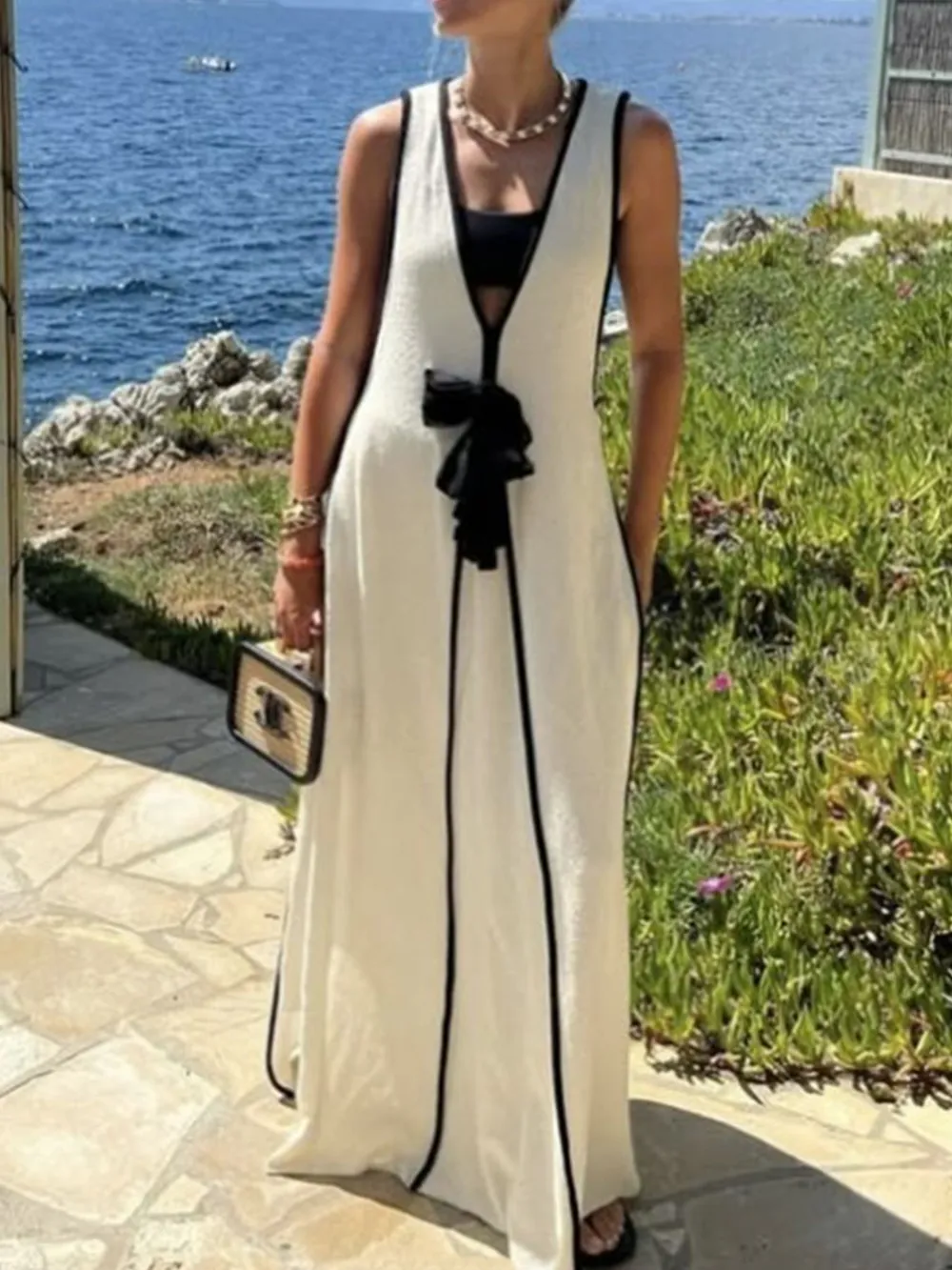 Contrast Trim Sleeveless Maxi Knit Dress, image 4