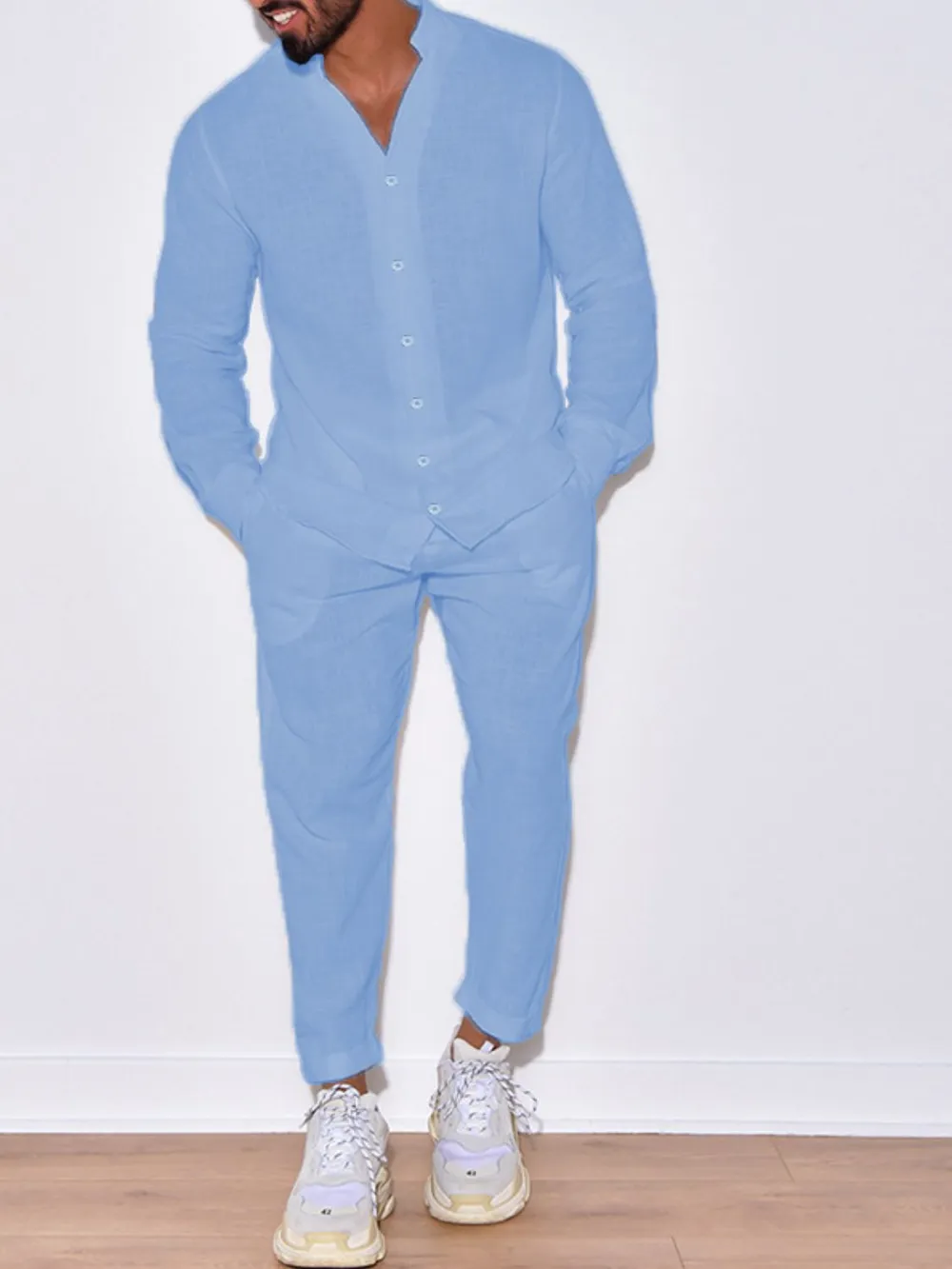 Men's Button Up Long Sleeve Top and Pants Set, image 7
