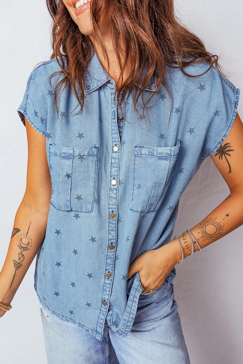 Double Chest Pocket Short Sleeve Denim Shirt, image 5