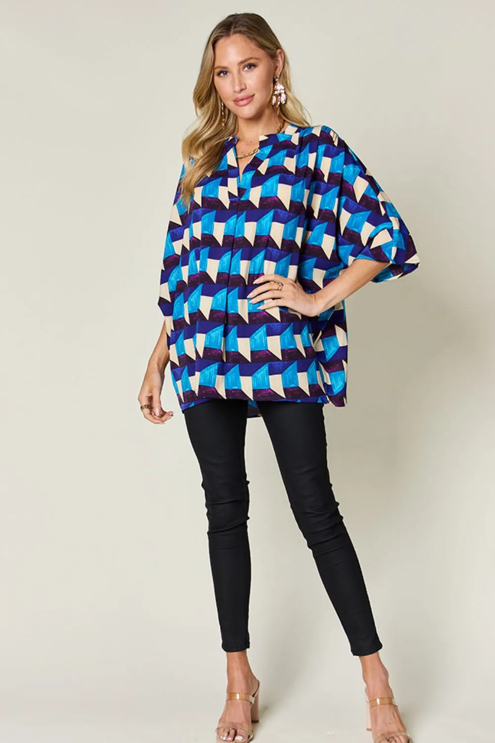 Full Size Geometric Notched Half Sleeve Blouse, image 6
