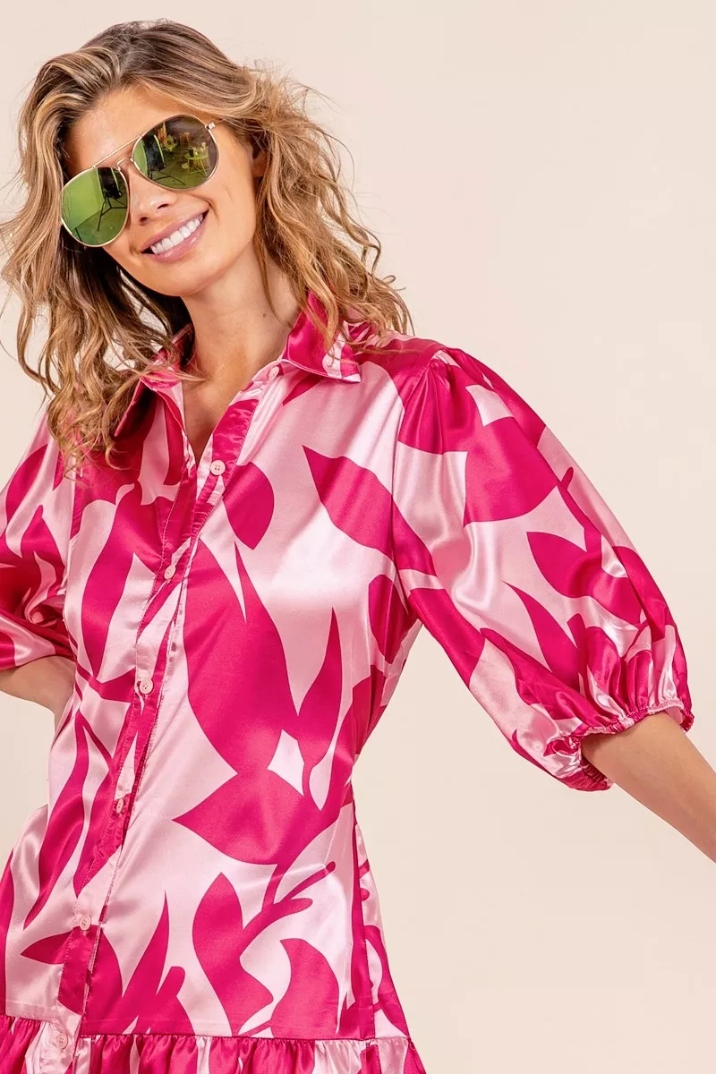 Leaf Pattern Collared Satin Dress, image 5