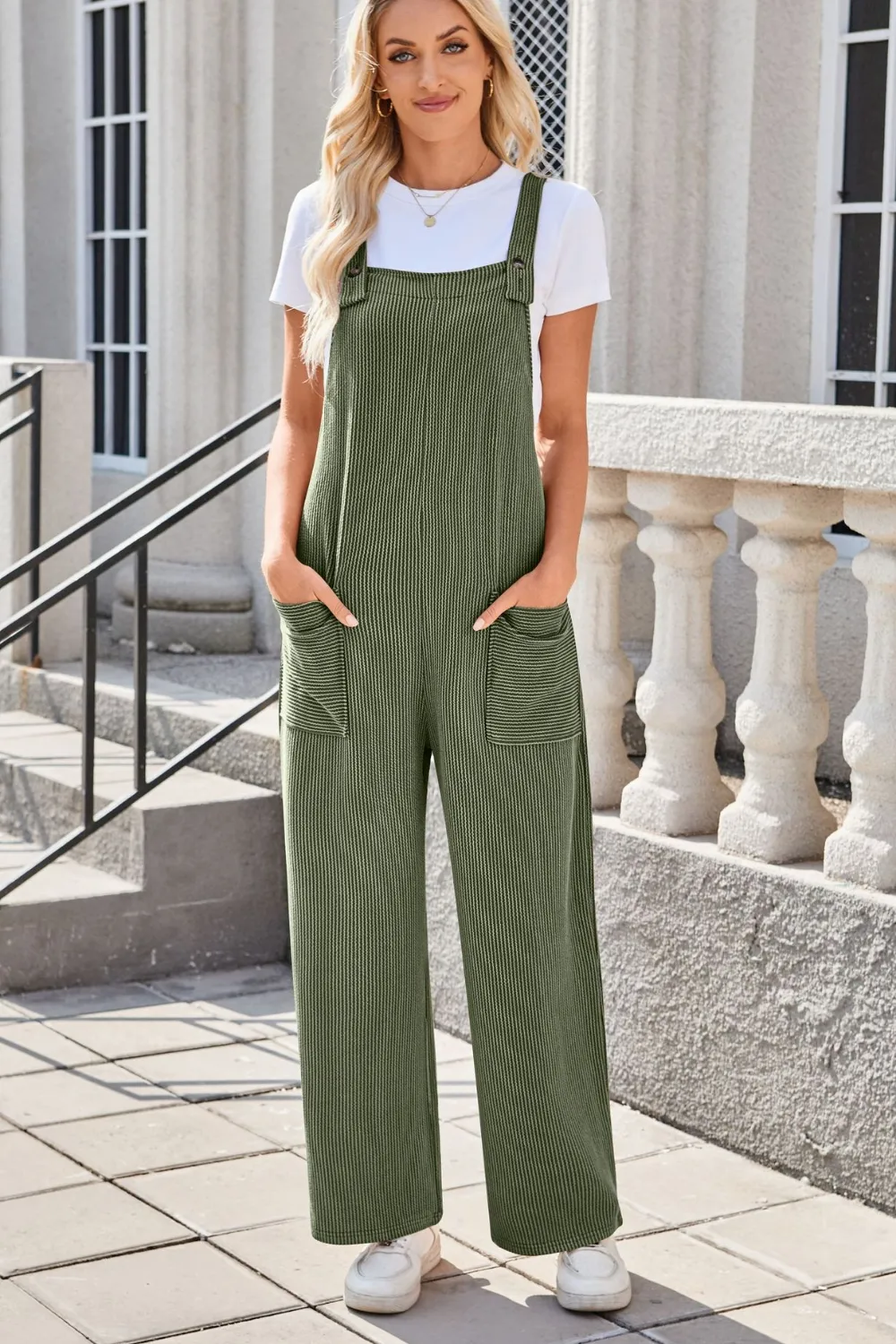 Square Neck Wide Strap Overalls with Pockets, image 9