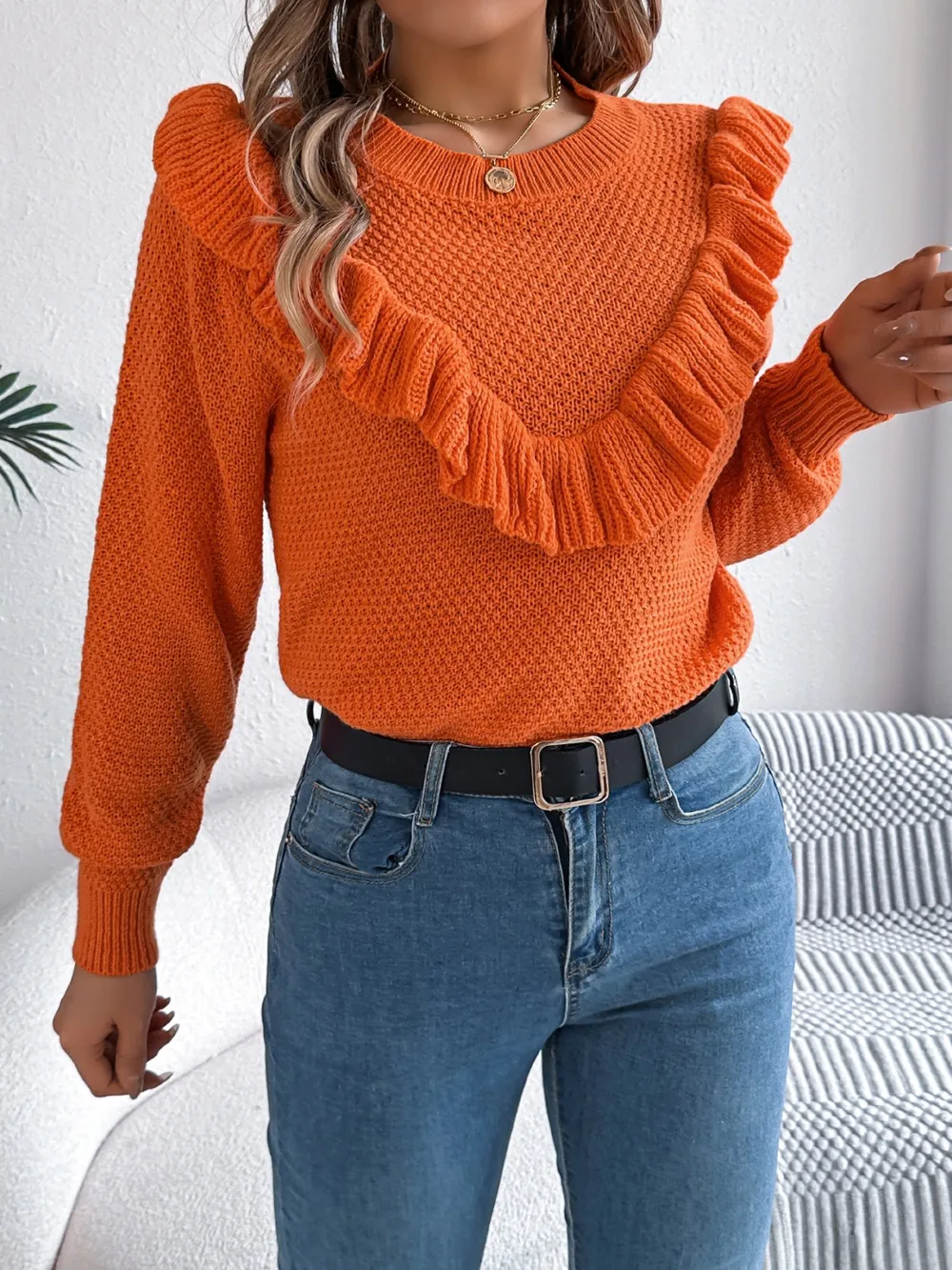 Ruffled Round Neck Long Sleeve Sweater, image 16