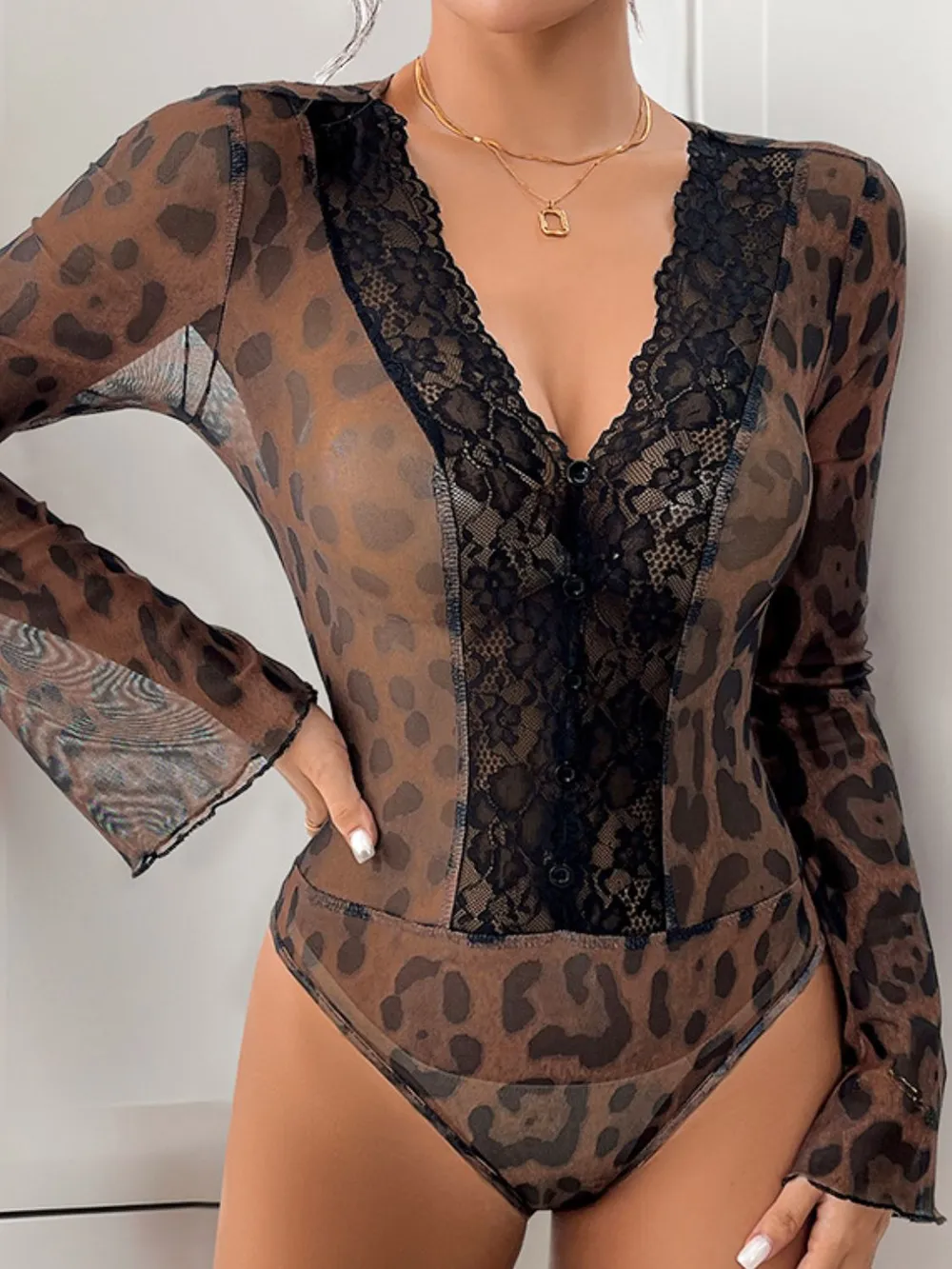Leopard V-Neck Lace Bodysuit, image 3