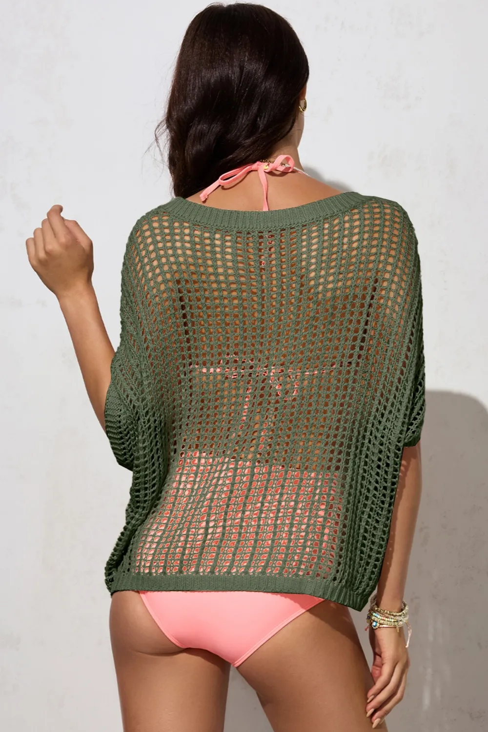 Openwork Round Neck Half Sleeve Knit Cover Up, image 9