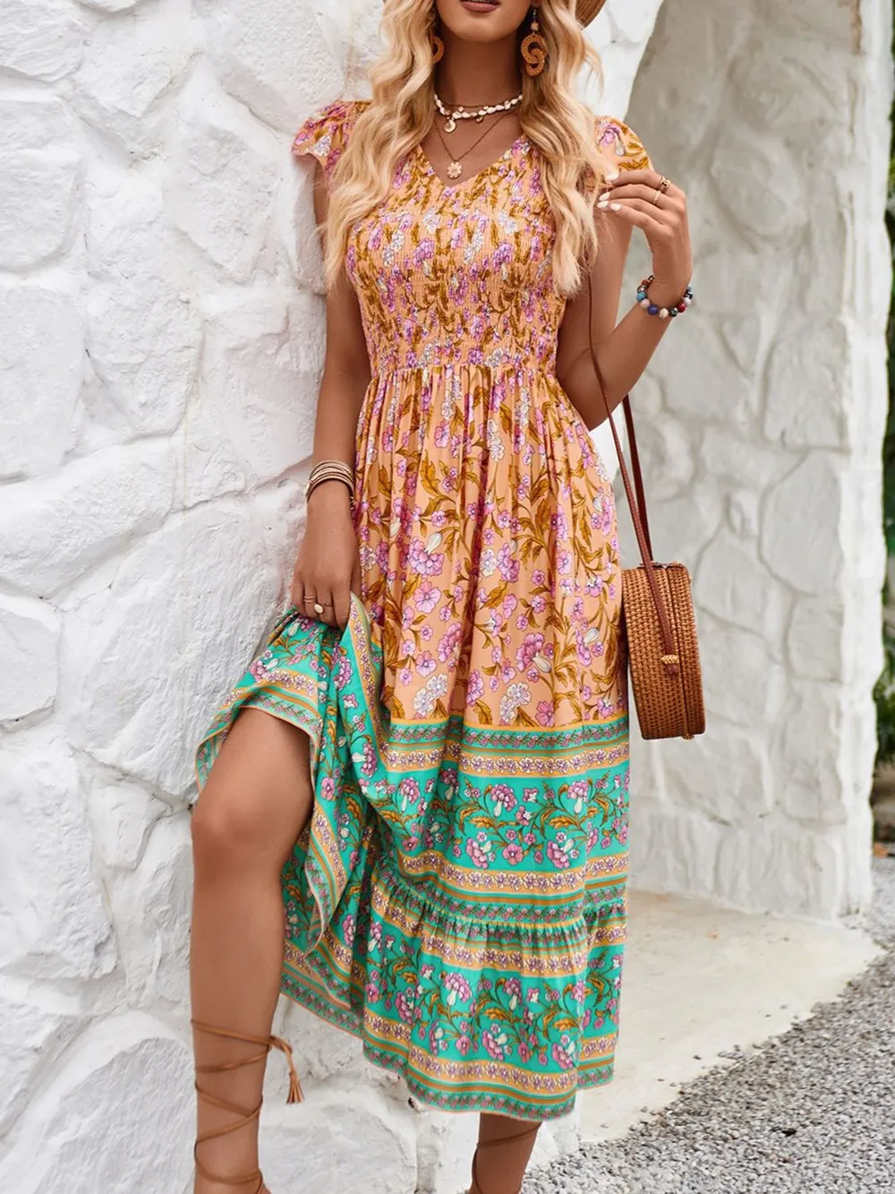 Printed Round Neck Cap Sleeve Dress, image 11