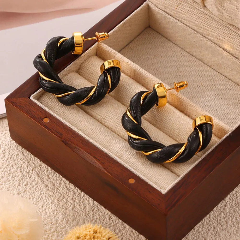 Twisted Leather Rope C-Hoop Earrings, image 8