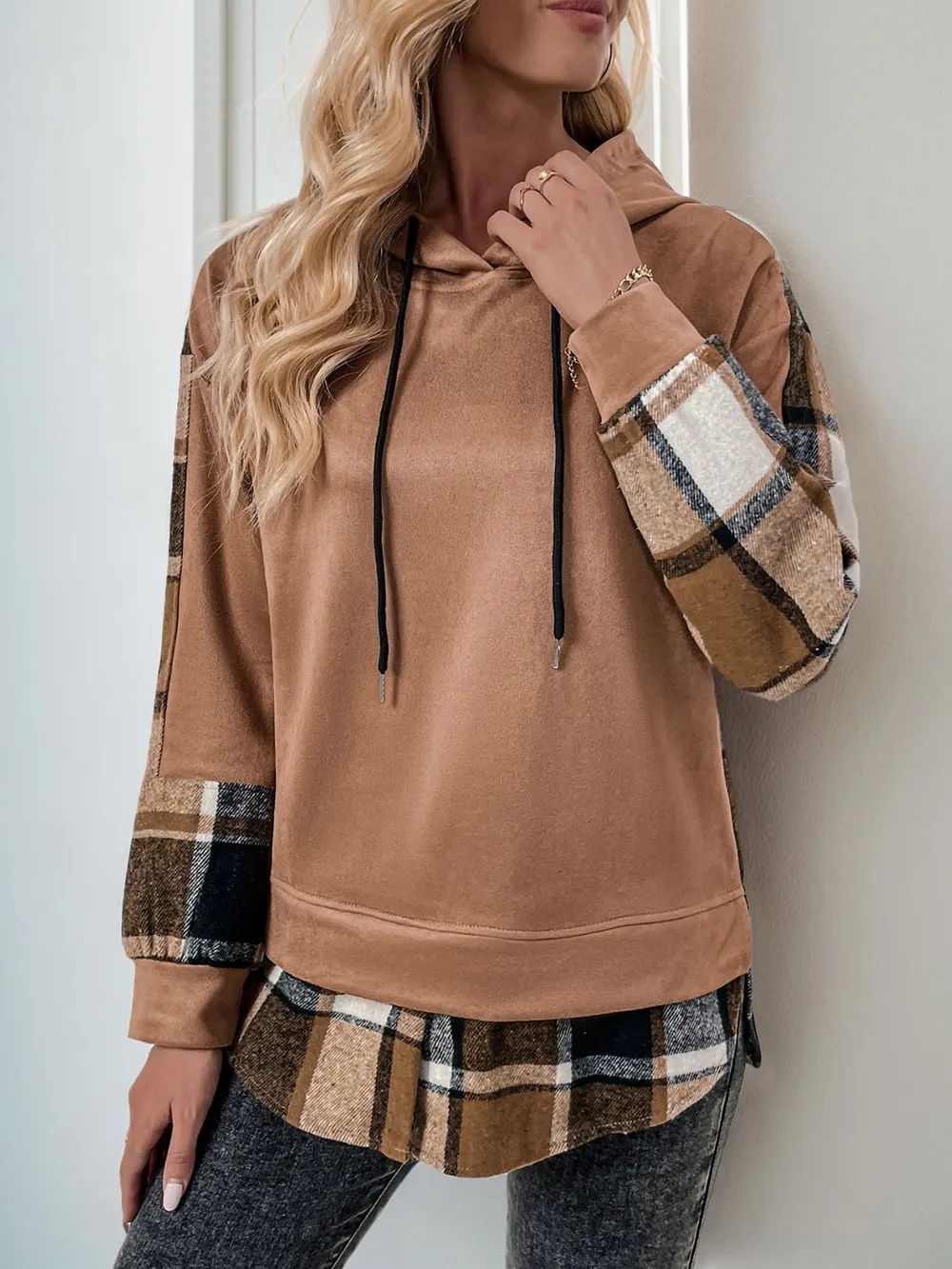 Drawstring Slit Plaid Long Sleeve Hoodie, image 5