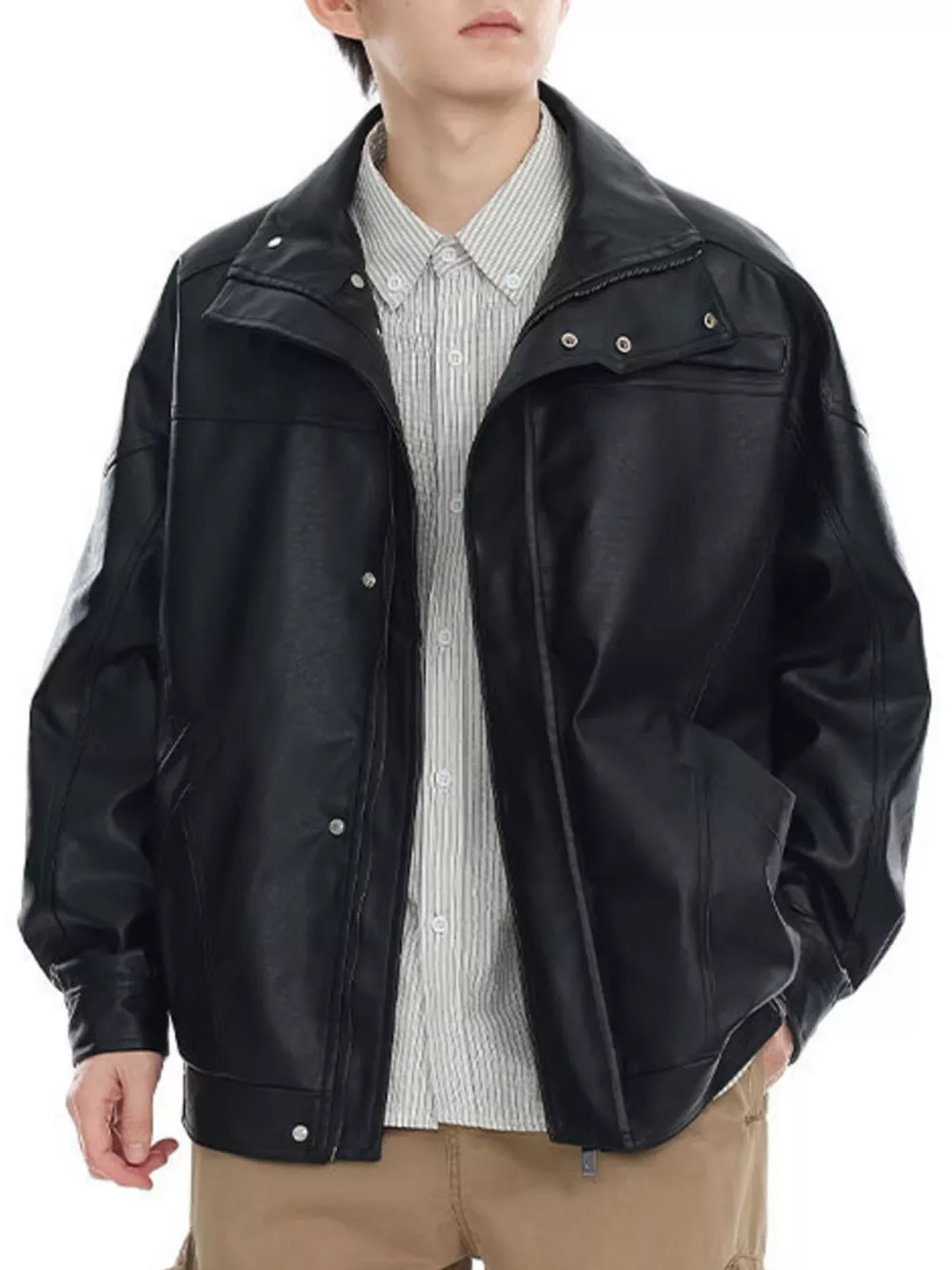 Men's Plus Size Stand Collar Leather Jacket, image 2