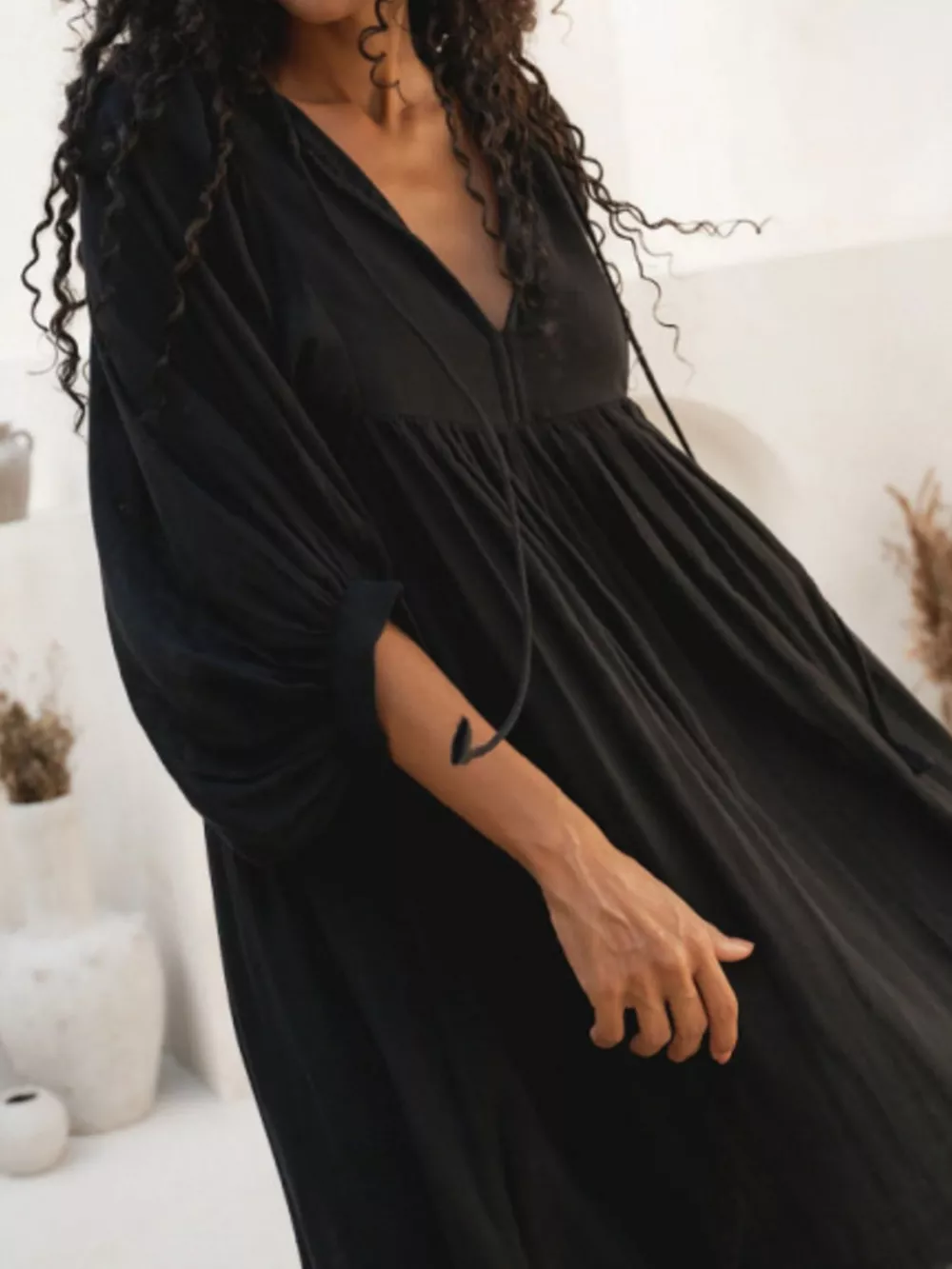 Tie Neck 3/4 Sleeve Midi Dress, image 8
