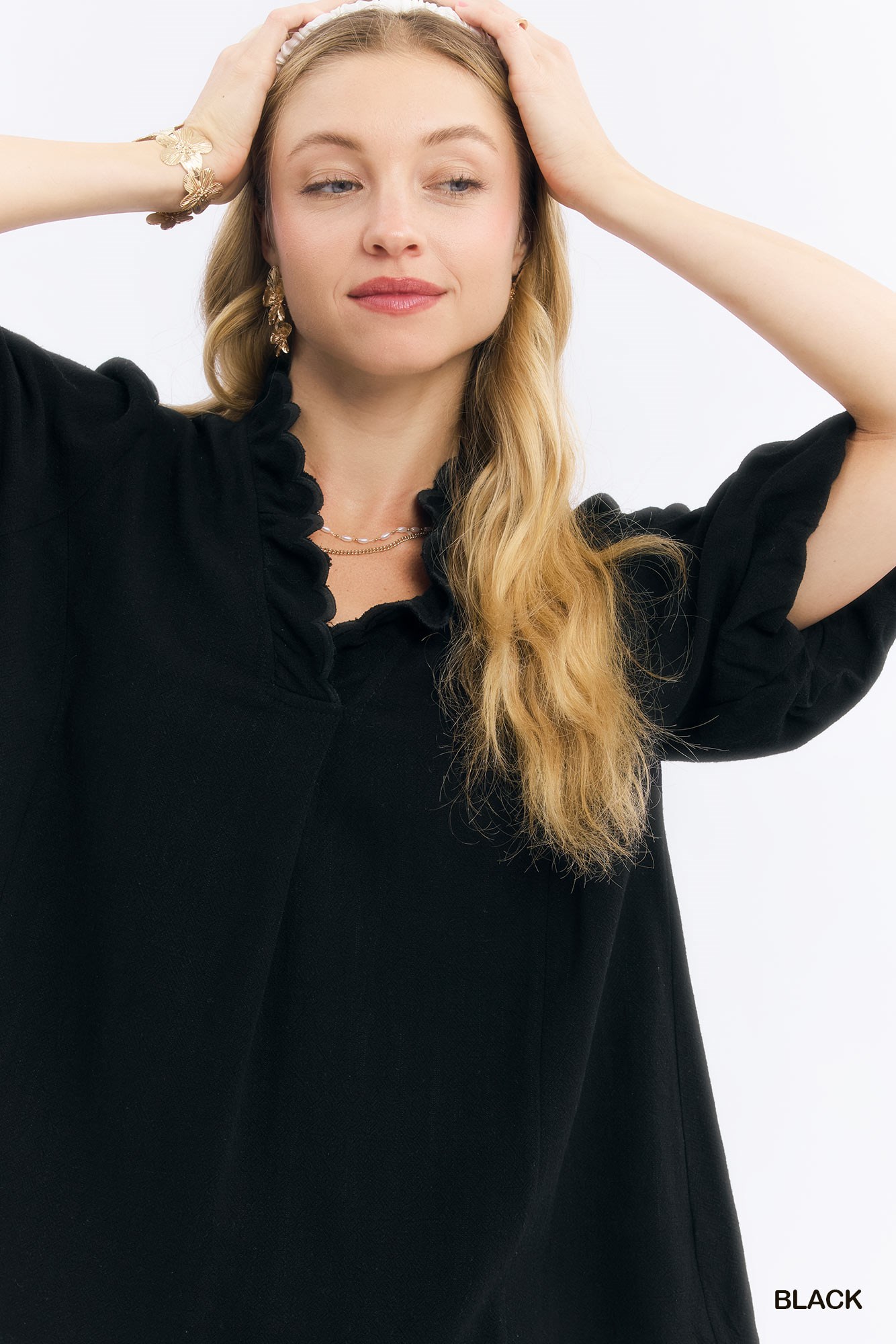 Linen Scallop Trim V-Neck Blouse, image 3