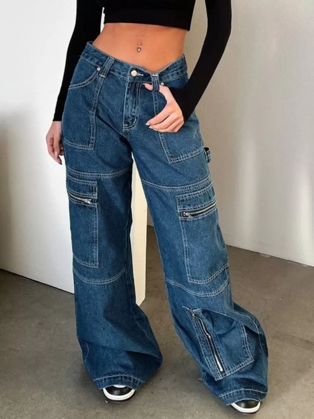 Zipper Pocket Wide Leg Cargo Jeans, image 4