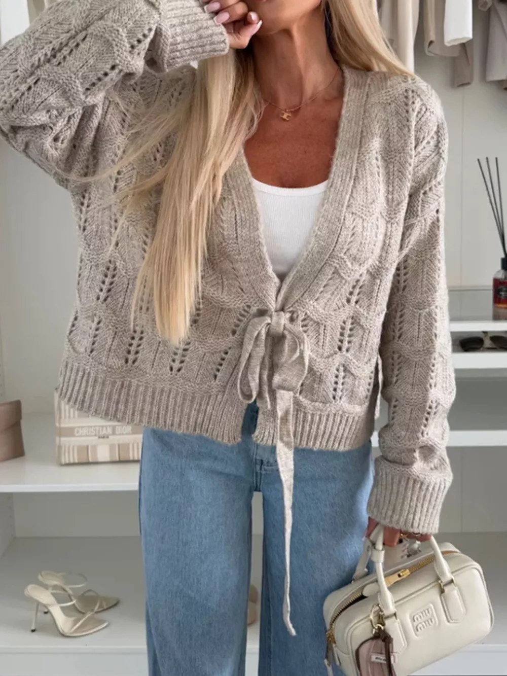Tie-Front Openwork Cardigan, image 7