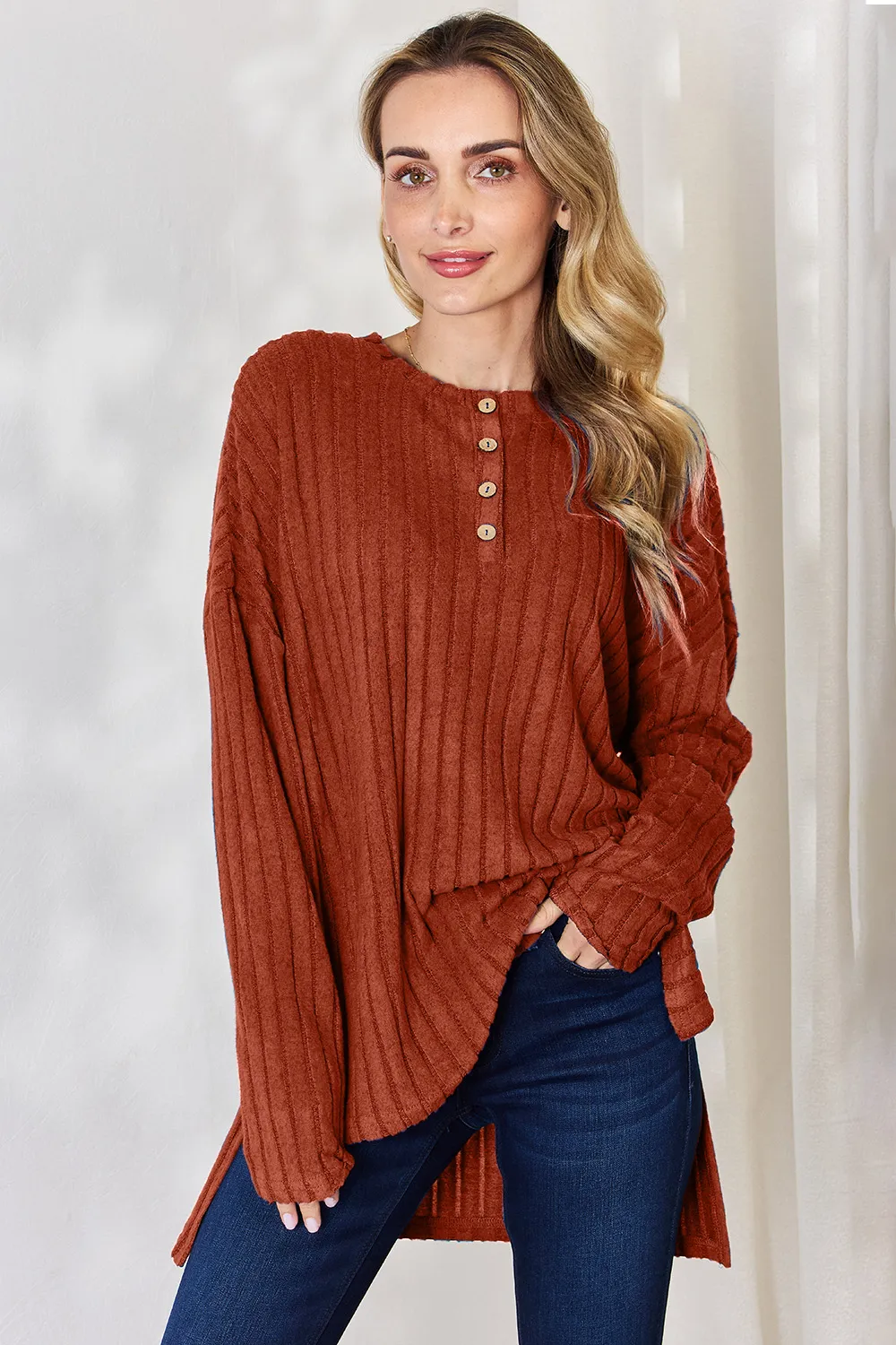 Full Size Ribbed Half Button Long Sleeve High-Low T-Shirt, image 20