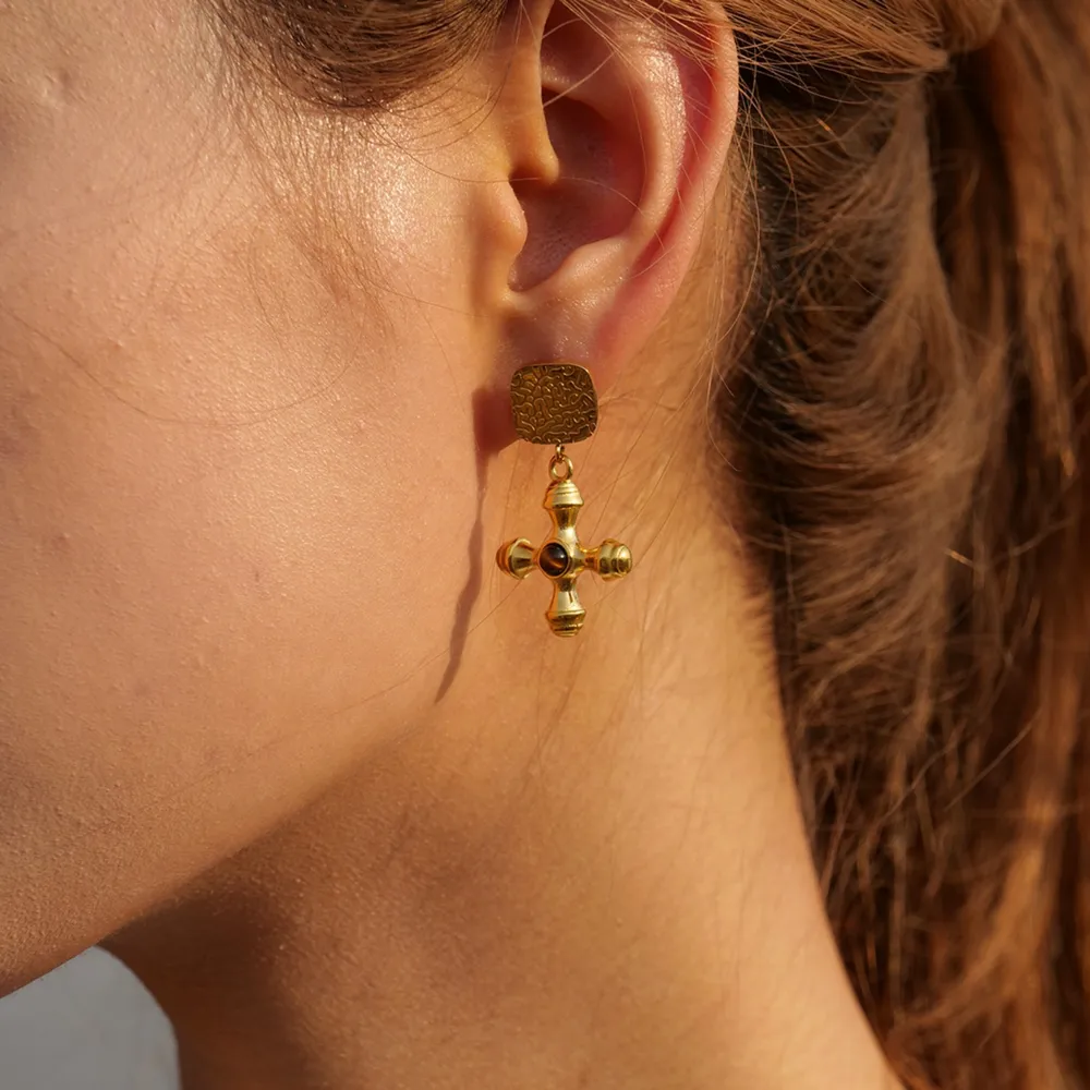 Gold-Plated Stainless Steel Cross Shape Earrings, image 4