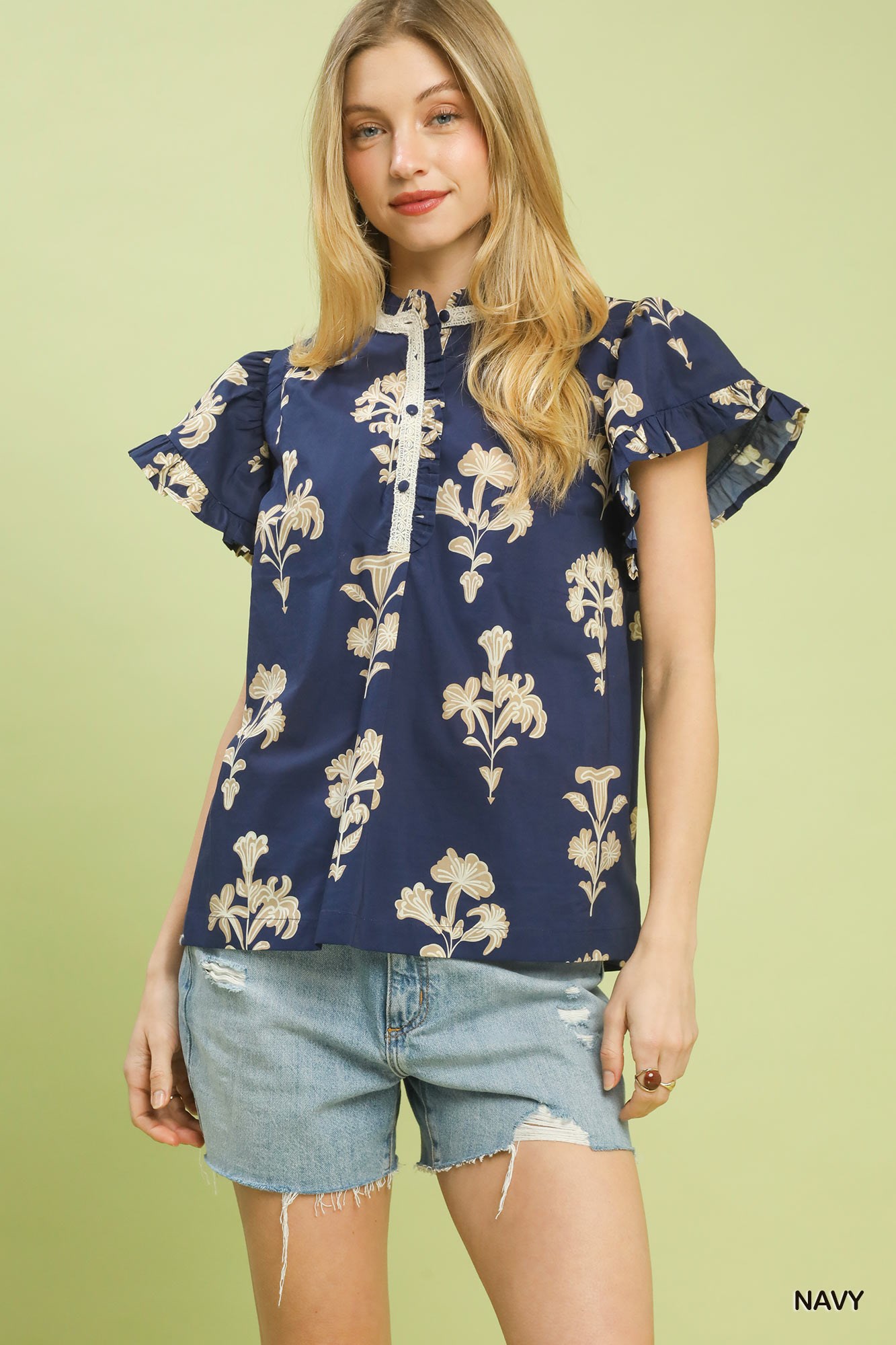 Floral Ruffle Sleeve Split-Neck Top