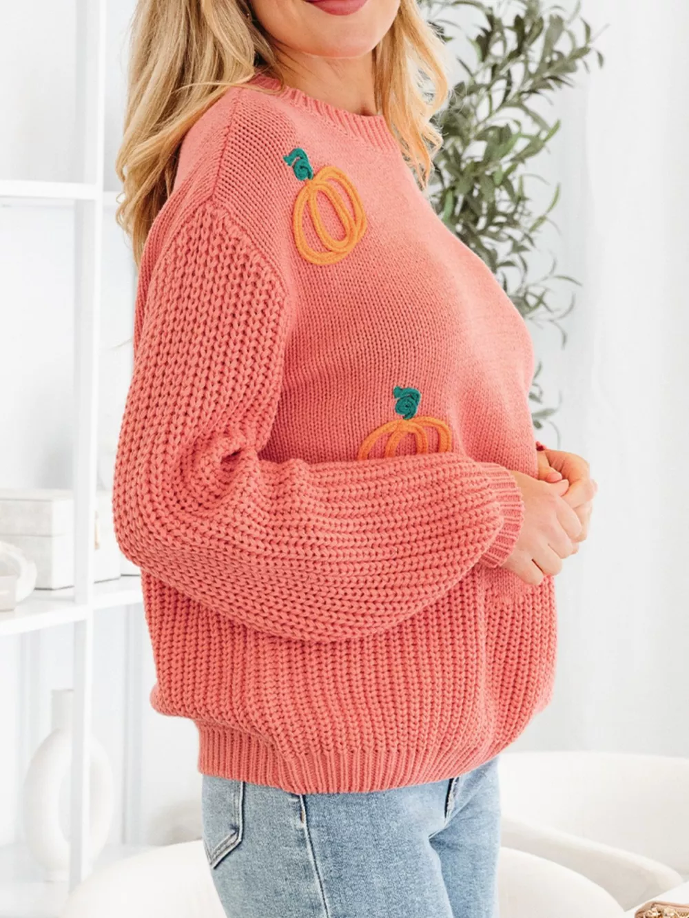 Pumpkin Embroidered Thanksgiving Holiday Sweater, image 4